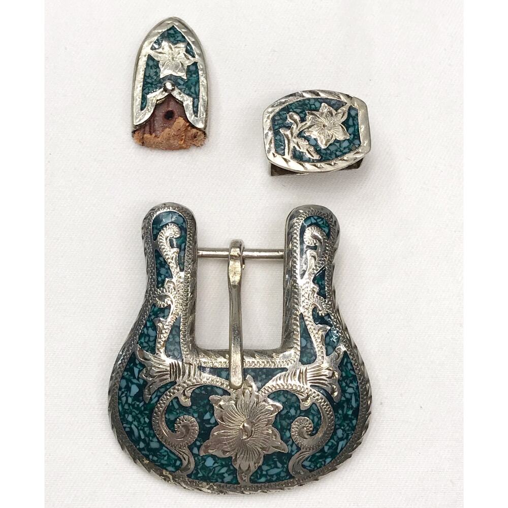 VTG Mexico Alpaca Silver Inlaid Turquoise Ornate Tipped Belt Buckle 3 Piece Set - Picture 11 of 16